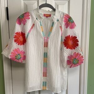 THML White Top with Colorful Floral Accents Size M